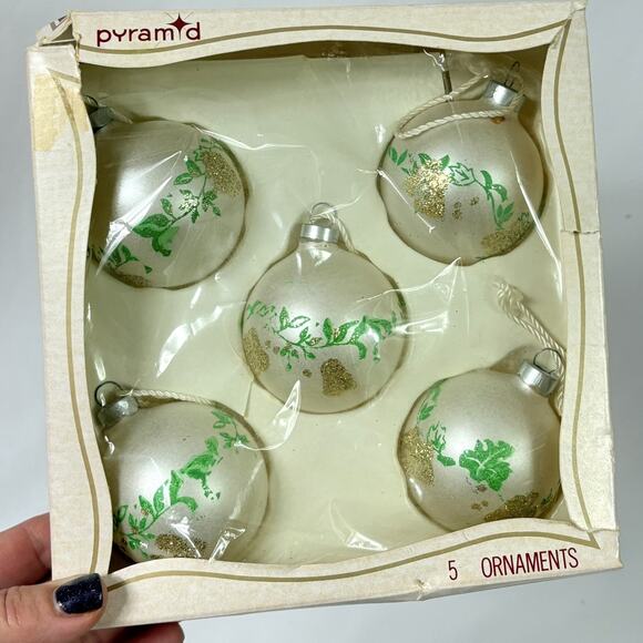 Vintage Pyramid Glass Ball Christmas Ornament Box Set of 5 Stenciled Glitter - Picture 1 of 4